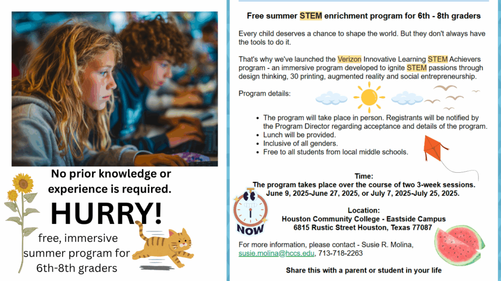 Flyer for Free STEM Summer Camp for Kids in Houston, June–July 2025 – hands-on science and tech activities.