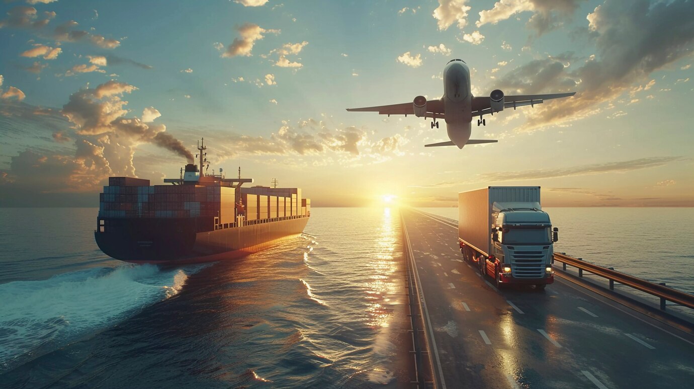 Modern fleet of trailer trucks, container ships, and cargo airplane for efficient shipping and logistics solutions, supporting timely delivery and supply chain management